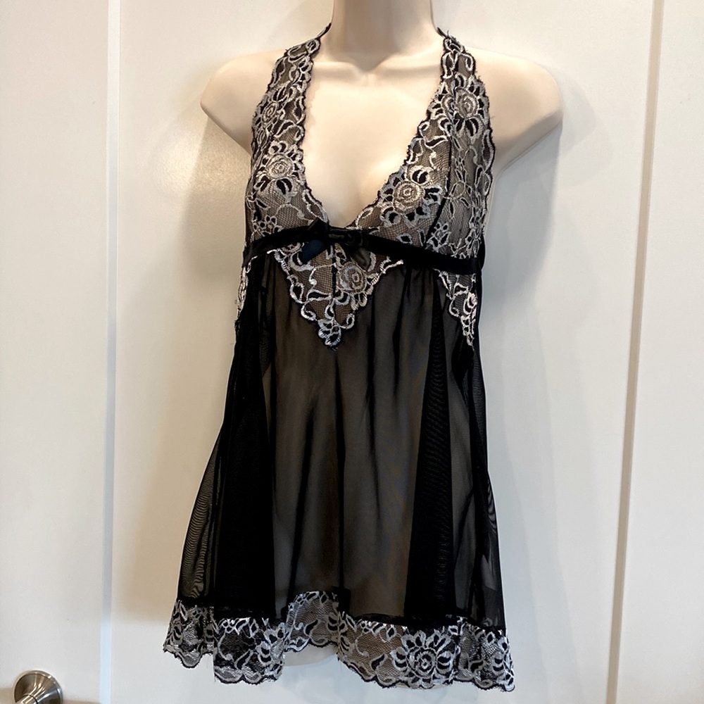Avidlove lace teddy sheer black with white floral lace. G-String Panty Size L